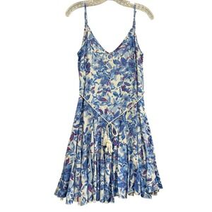 Elsta Blue Floral Boho Mini Dress Spaghetti Strap Tie Waist Flowy Festival M
